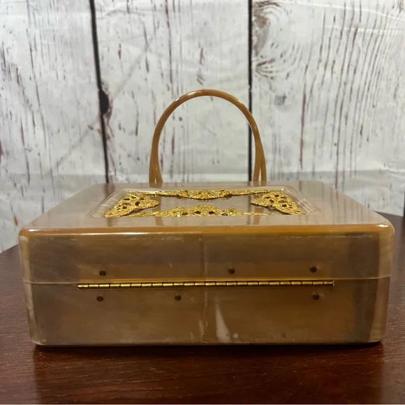 Retro Vintage Taupe Acrylic Box Bag with Gold Filigree - Picture 8 of 13